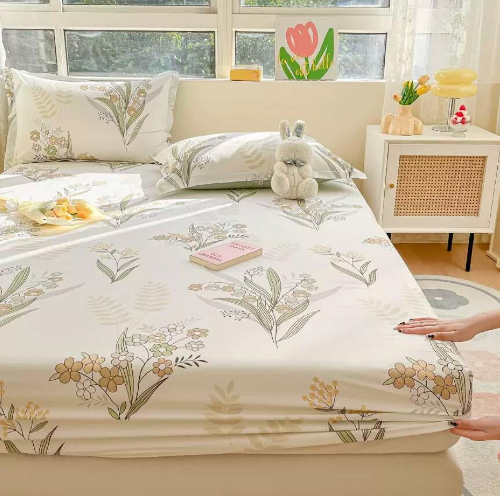 100 Cotton Bed Fitted Sheet With Elastic +2pc Pillowcases Flower