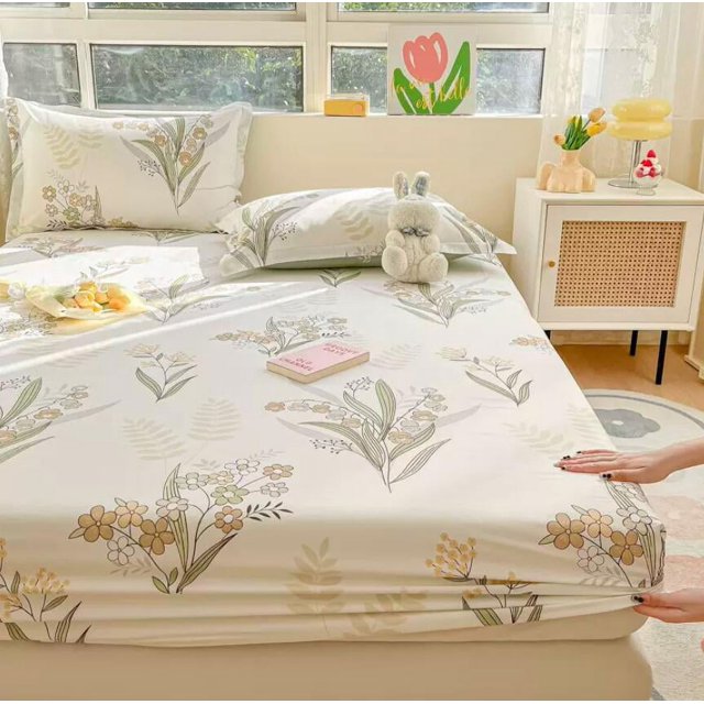 100 Cotton Bed Fitted Sheet With Elastic +2pc Pillowcases Flower