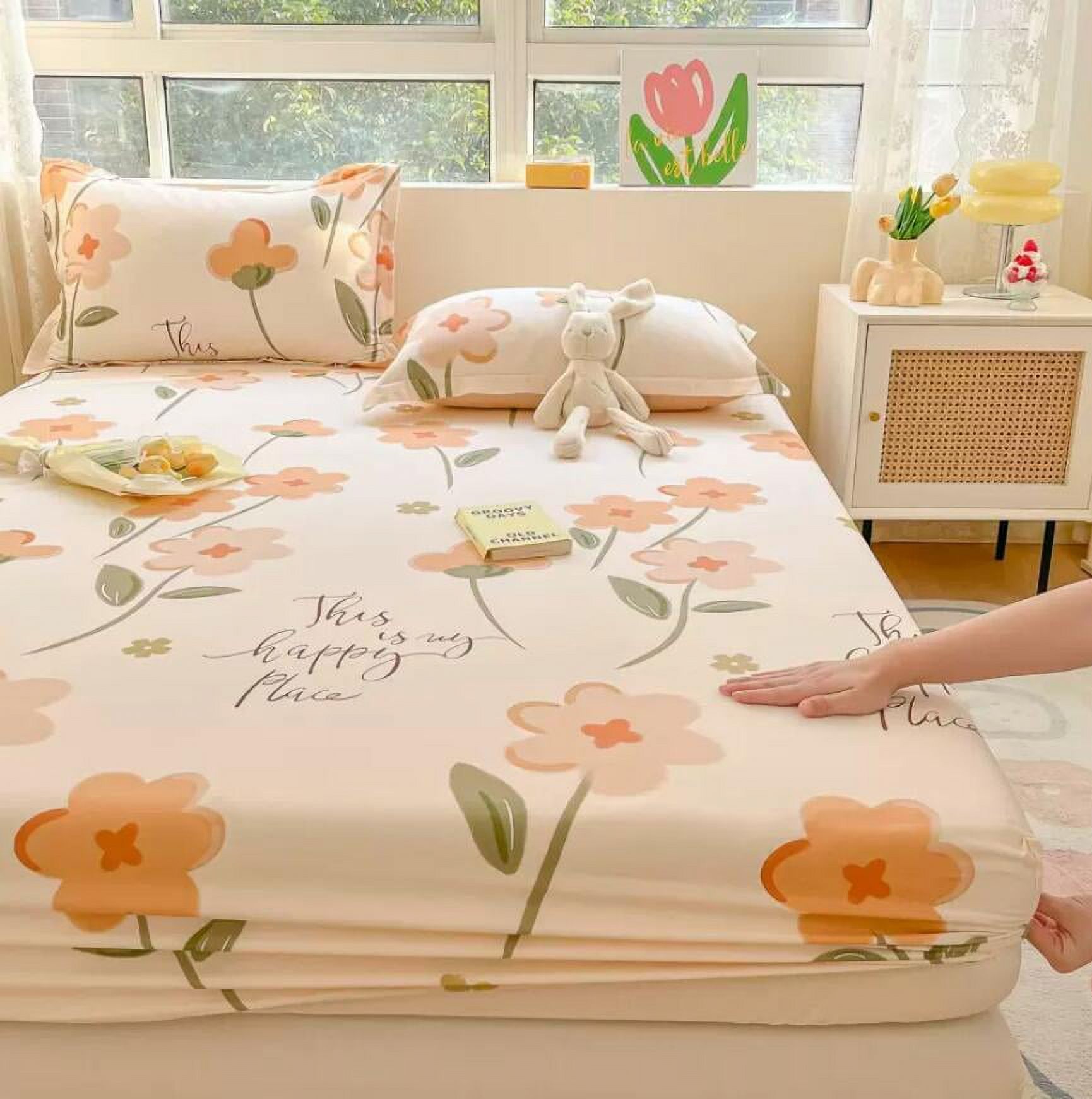 100 Cotton Bed Fitted Sheet With Elastic +2pc Pillowcases Flower