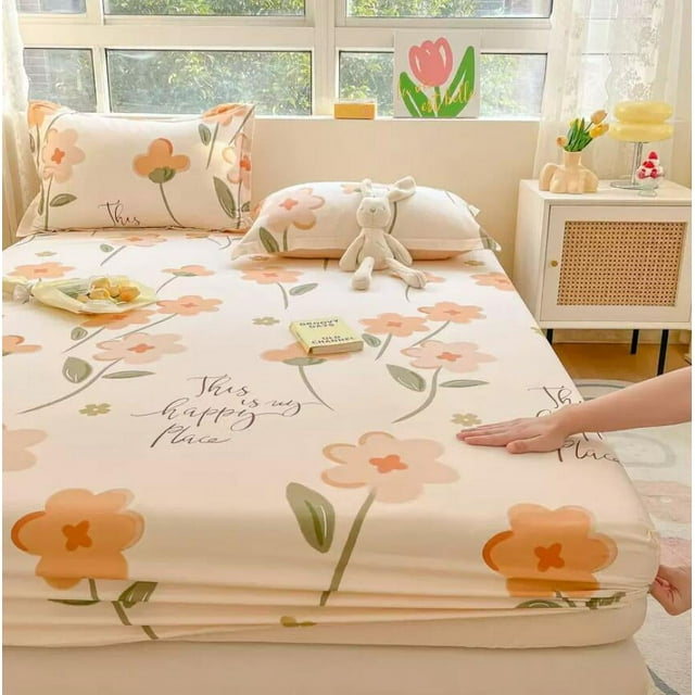 100 Cotton Bed Fitted Sheet With Elastic +2pc Pillowcases Flower