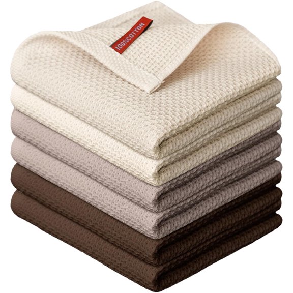 100% Cotton Beige Dark Coffee Brown Waffle Weave Kitchen Dish Cloths, 12x12 Inch Ultra Soft Absorbent Quick Drying Set of 6, Multicolor