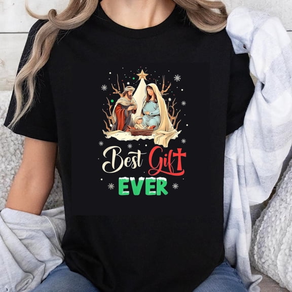 100% Cotton Best Gift Ever Christmas Nativity Scene Mary Joseph Baby Jesus Christmas Tree Design T-Shirt