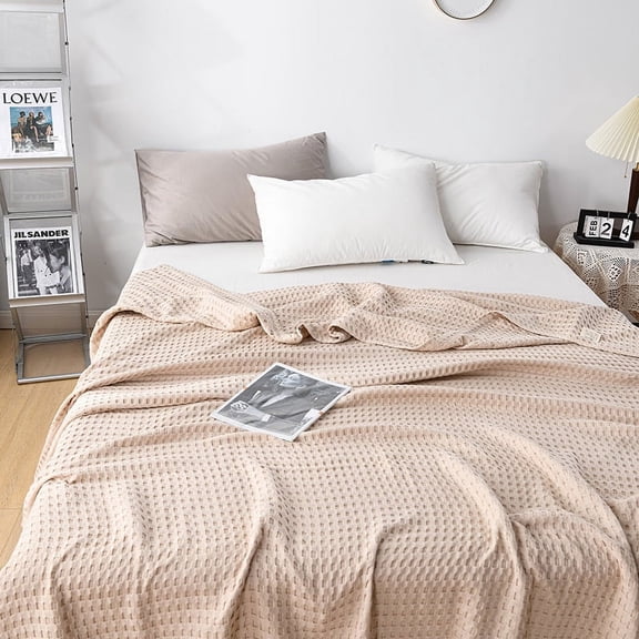 100% Cotton Blanket Queen Size for Spring Summer, Waffle Weave Thin Lightweight Breathable Blanket for Bed, Cotton Bedding Room Decor Gifts for Women, Men