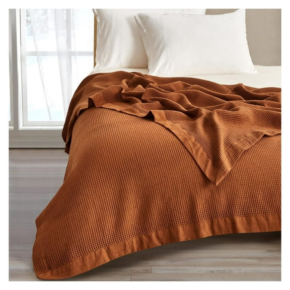 100% Cotton Blanket for Twin Size Bed | Lightweight and Breathable Waffle Weave Blankets for Summer & Spring | Versatile, Layering Orange Bed Blanket, Terracotta, 90x66 inches