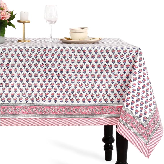 100% Cotton Block Print Square Tablecloth 60 x 60 Inch Pink Sapphire Bestseling