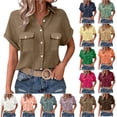 thumbnail image 1 of 100% Cotton Blouses for Women Dressy Casual Button Down Short Sleeve Collared Shirts Solid Color Summer Tops With Pockets,Size S-2XL, 1 of 6