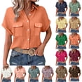 thumbnail image 1 of 100% Cotton Blouses for Women Dressy Casual Button Down Short Sleeve Collared Shirts Solid Color Summer Tops With Pockets,Size S-2XL, 1 of 6