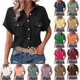 thumbnail image 1 of 100% Cotton Blouses for Women Dressy Casual Button Down Short Sleeve Collared Shirts Solid Color Summer Tops With Pockets,Size S-2XL, 1 of 6