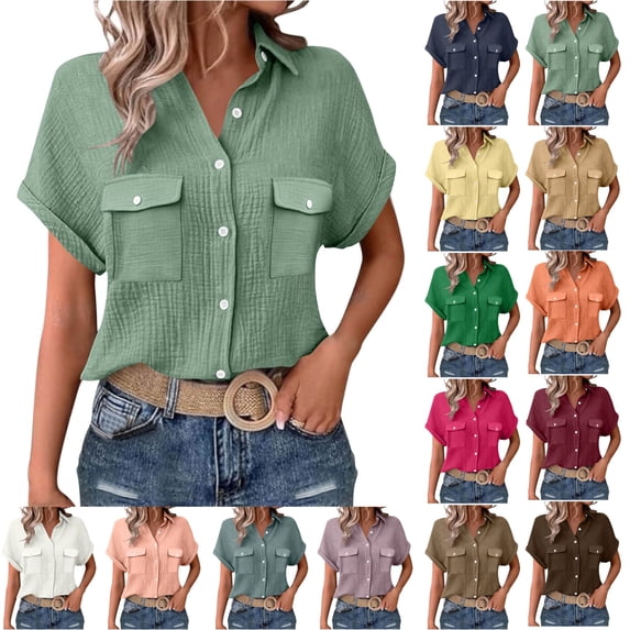 100% Cotton Blouses for Women Dressy Casual Button Down Short Sleeve Collared Shirts Solid Color Summer Tops With Pockets,Size S-2XL
