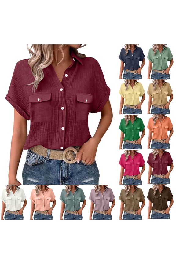 100% Cotton Blouses for Women Dressy Casual Button Down Short Sleeve Collared Shirts Solid Color Summer Tops With Pockets,Size S-2XL