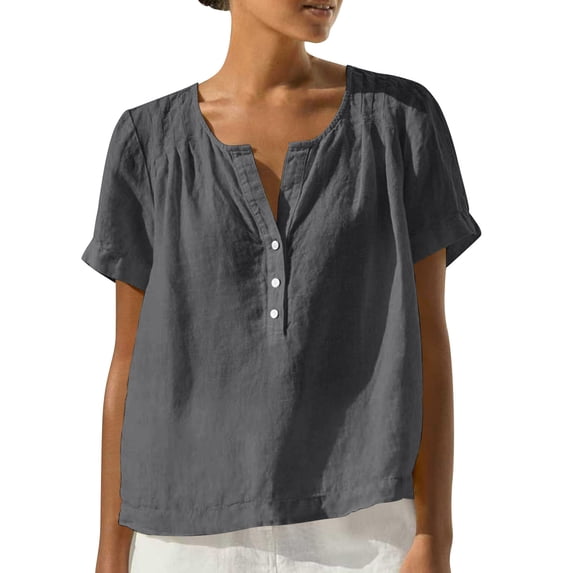 100% Cotton Blouses for Women Henry Neck Button Short Sleeve Solid Color Loose Spring Summer Casual Going Out Tops,Size S-2XL