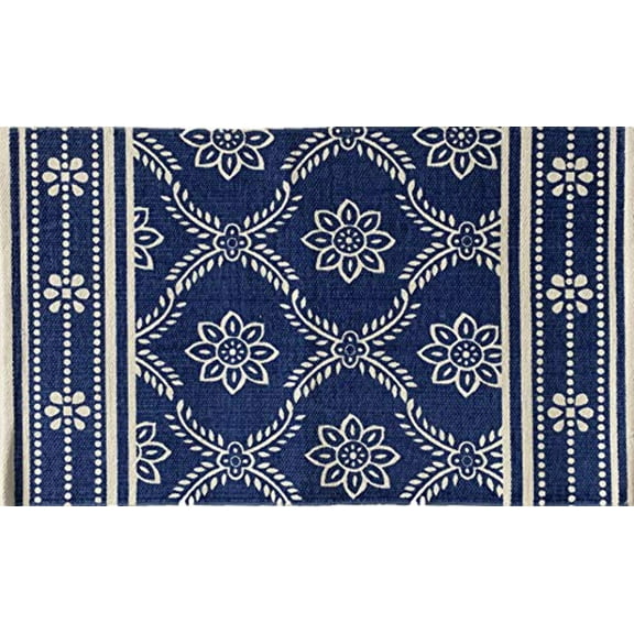 100% Cotton Blue Traditional Design Handwoven Printed Rugs Size: 20 Inch x 32 Inch (Floral)