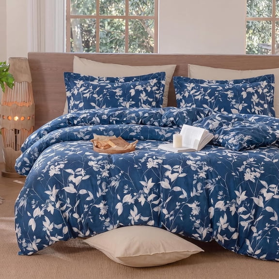 100% Cotton Blue White Floral Queen Size Duvet Cover Set, 3 Pieces Botanical Bedding Set, Soft Breathable Duvet Cover with Zipper Closure