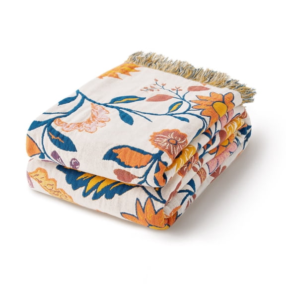 100% Cotton Boho Blankets for Home Decor – Colorful Floral Farmhouse Quilt Bedding, Muslin Throw Blankets for Adults, Vintage Woven Decorative Blanket for Couch, Bed Layering Winter Use, 50"x60"