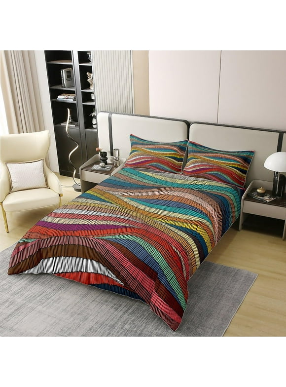 100% Cotton Boho Duvet Cover King Bohemian Wavy Bedding Set Rainbow Embroidered Waves Comforter Cover Geometric Tribal Ethnic Bedroom Decor Colorful Abstract Quilt Cover for Adult