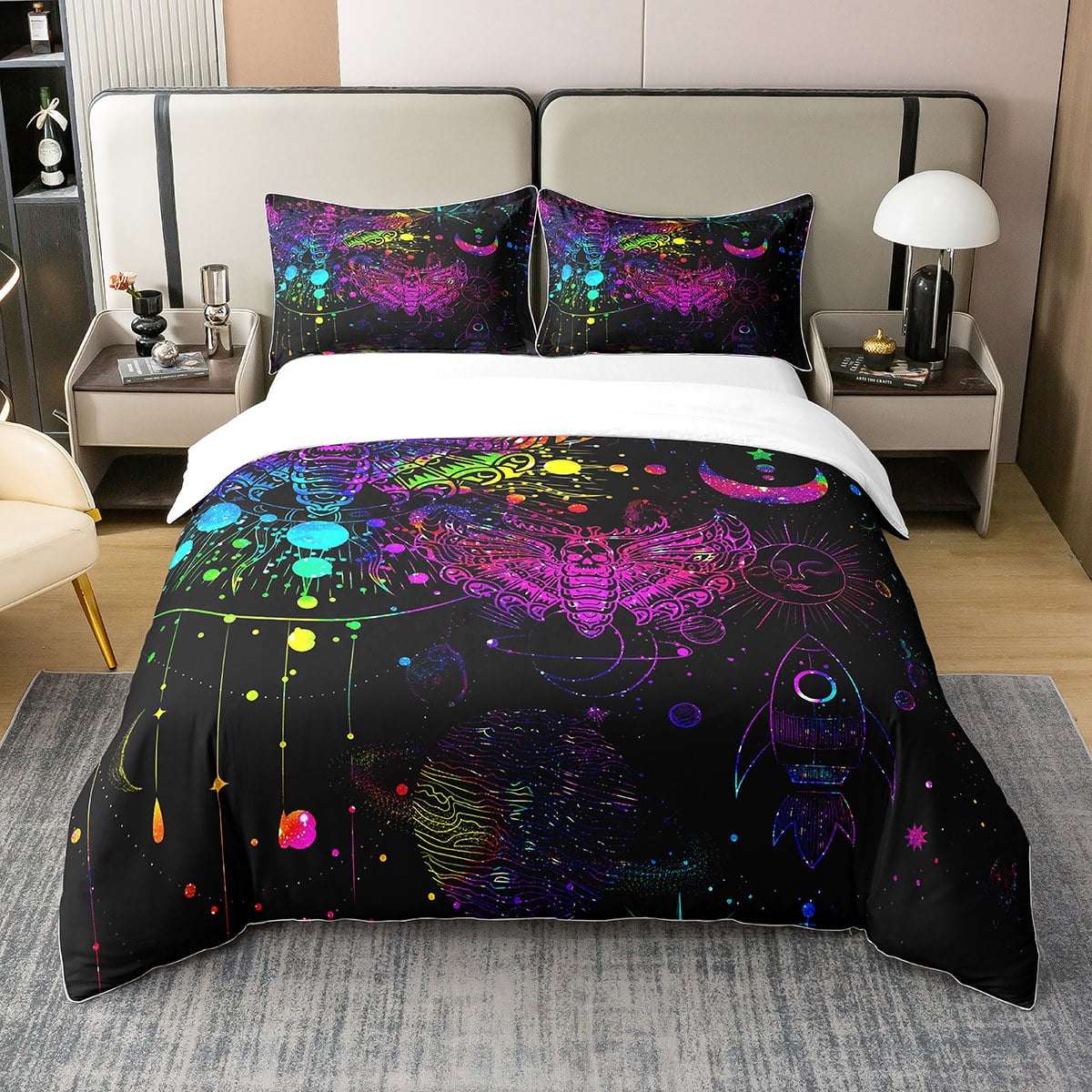 100 Cotton Boho Sun and Moon Duvet Cover for Youth,Gothic Moth Bedding