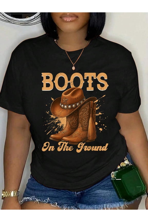 100% Cotton Boots On The Ground Cowboy Boots Rodeo Western Cowgirl T-Shirt Print Round Neck Cotton T-Shirt, Summer Women's Tops, gift