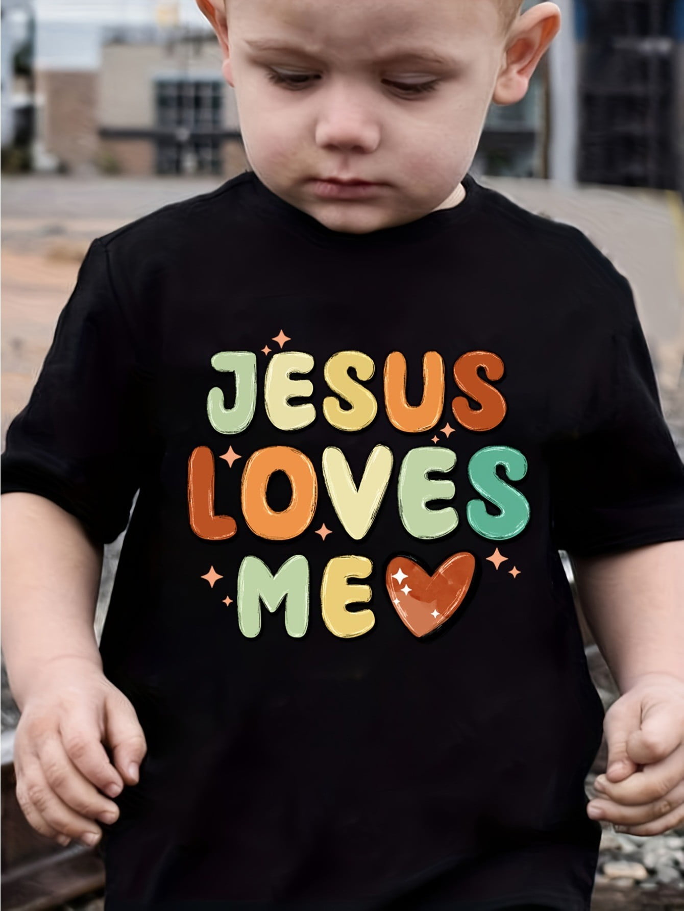 100% Cotton Boys' T-Shirt with "Jesus Loves Me" Colorful Letter Print ...