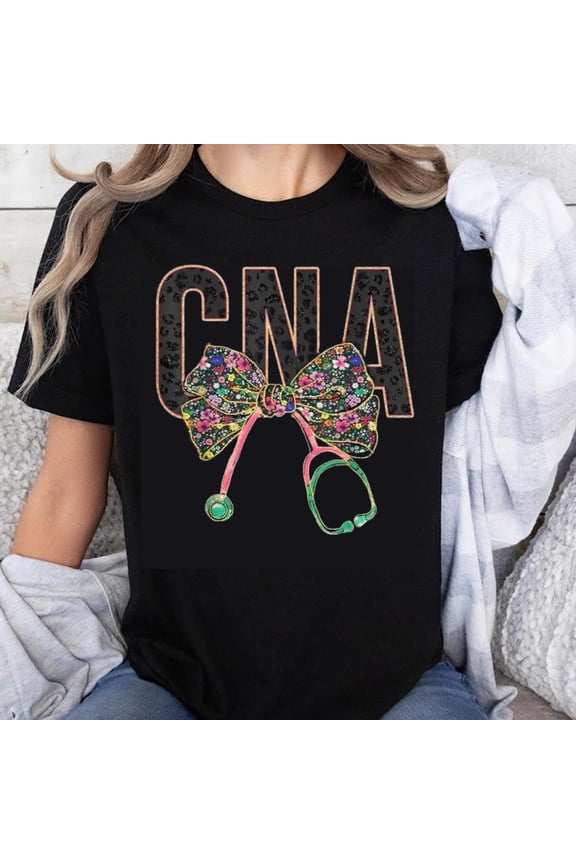 100% Cotton CNA Nurse Shirt with Floral Bow and Stethoscope Design for Certified Nursing Assistant Women's Casual T-Shirt