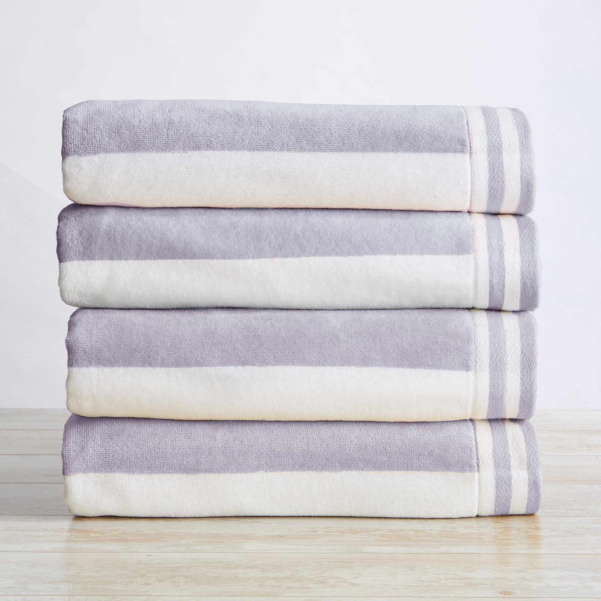 100% Cotton Cabana Stripe Oversized 4 Pack Beach & Pool Towel (4 Pack- 35" x 70", Lavender Purple)
