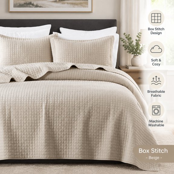 100% Cotton California King Quilt Set with Box Stitch, Beige, Cozy and Soft Bedding