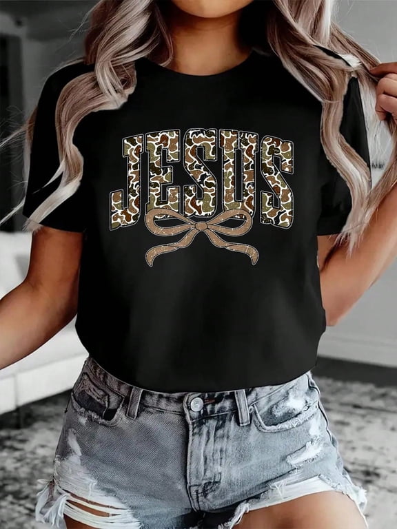 100% Cotton Camo Jesus Coquette Bow Camouflage God Christian Religious T-Shirt Print T-Shirt Casual Crew Neck Short Sleeve Comfort Tee Top For Spring & Summer Women's Clothing