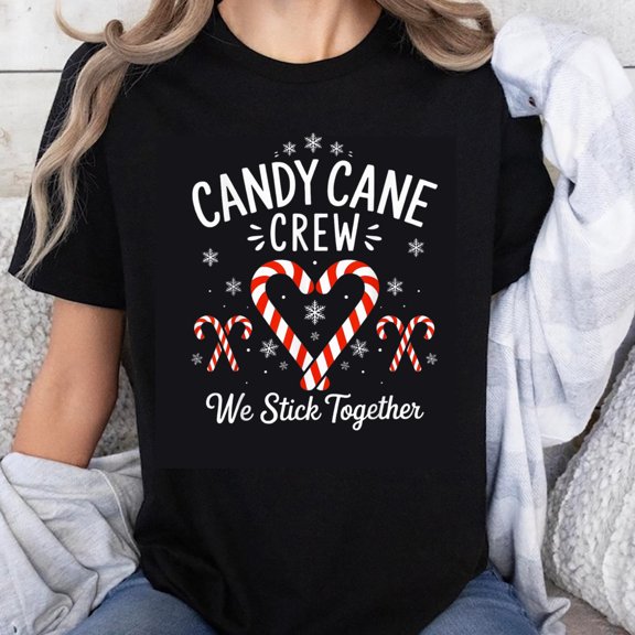 100% Cotton Candy Cane Crew We Stick Together Christmas Holiday T-Shirt For Women Men Family Matching Xmas Shirt