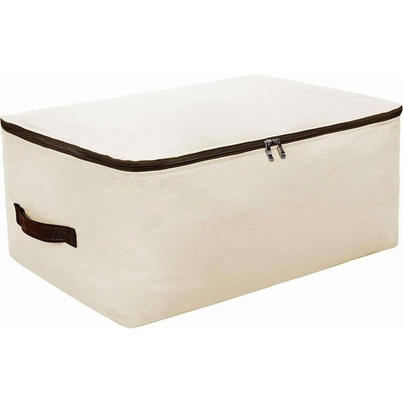 100% Cotton Canvas Household Jumbo Collapsible Storage Bag, Blanket Bag, Closet Soft Storage Bag, Sweater Organizer Box with Zipper and 2 Strong Handles, Washable in Washer, Beige