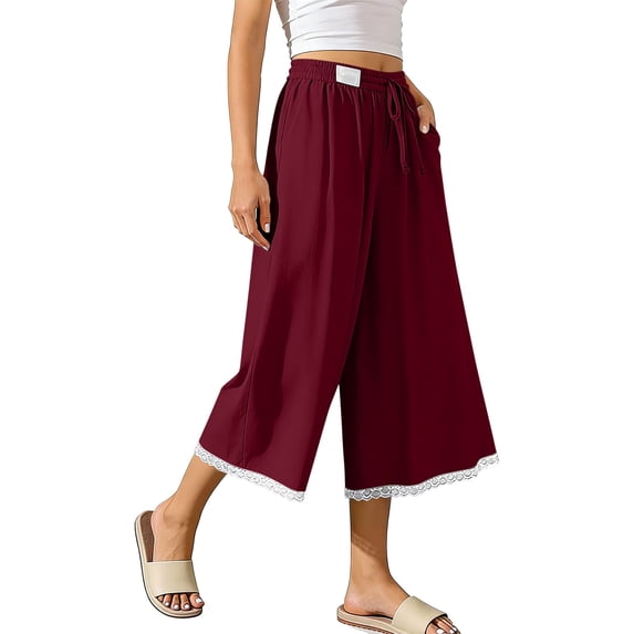 100% Cotton Capri Pants for Women Elastic Wiasted Solid Wide Leg Drawstring Flowy Casual Cropped Travel Pants with Pockets