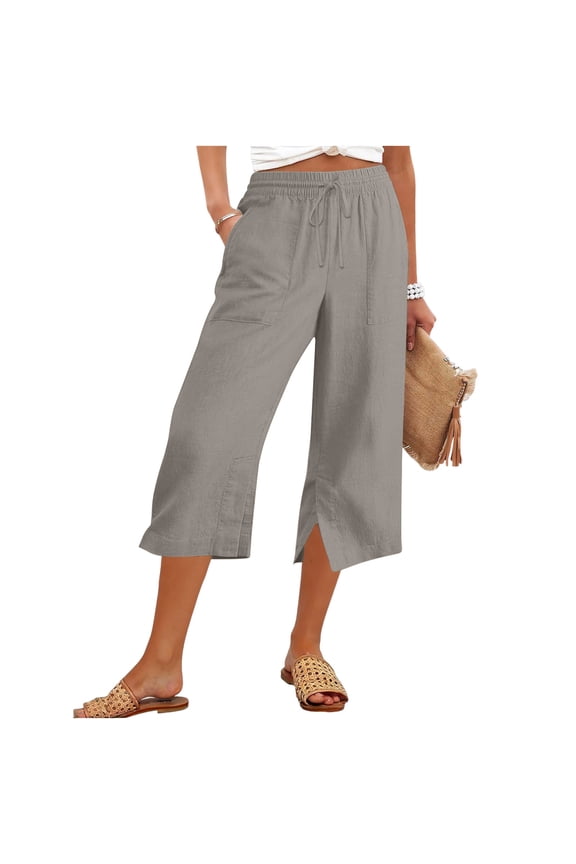 100% Cotton Capri Pants for Women Summer Drawstring Elastic Waisted Solid Color Baggy Side Split Straight Leg Cropped Pants With Pockets
