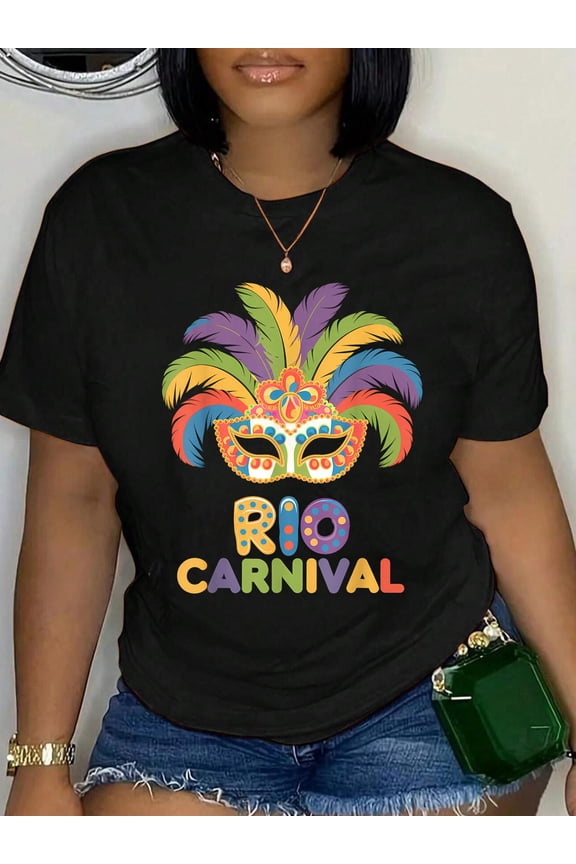 100% Cotton Carnival Rio Brazilian Carnival Costume Brazil Mask Outfit T-Shirt Print Round Neck Cotton T-Shirt, Summer Women's Tops, gift