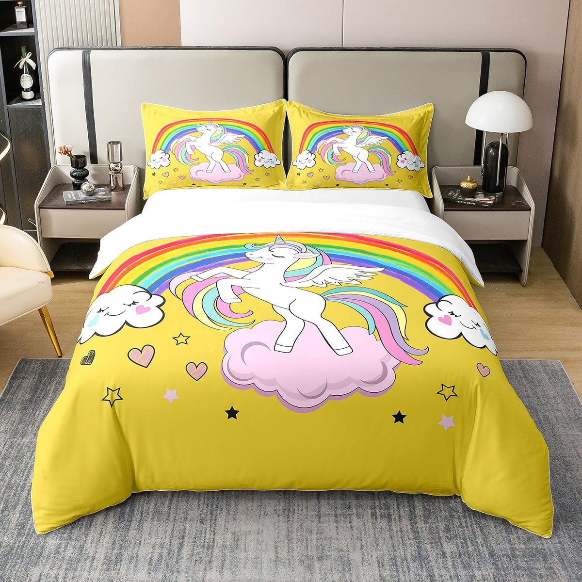 100 Cotton Cartoon Unicorn Comforter Cover Full Graffiti Cute Rainbow Cloud Duvet Cover for Kids Boys Girls Kawaii Golden Stars Love Heart Bedding Set Magic Aniaml Quilt Cover with 2 Pillow Cases Walm...