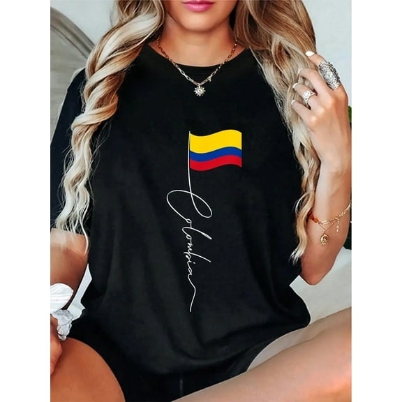 100% Cotton Casual Tshirt Colombia Signature Flag Pole - Patriotic Colombian Flag T-Shirt