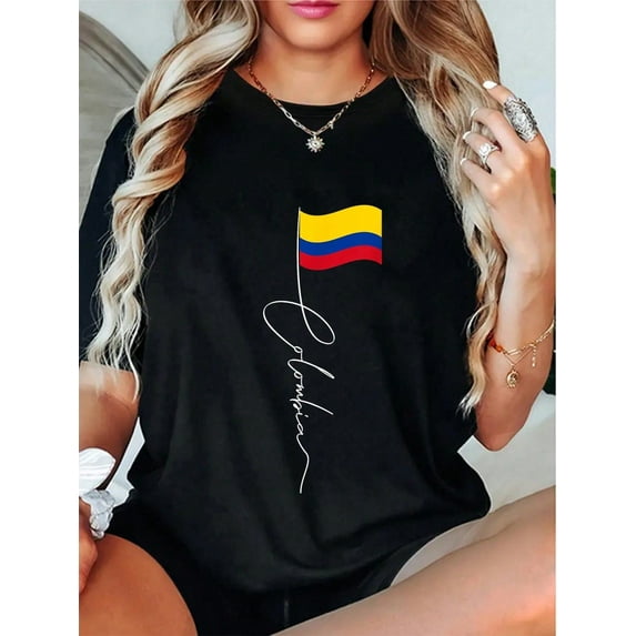 100% Cotton Casual Tshirt Colombia Signature Flag Pole - Patriotic Colombian Flag T-Shirt