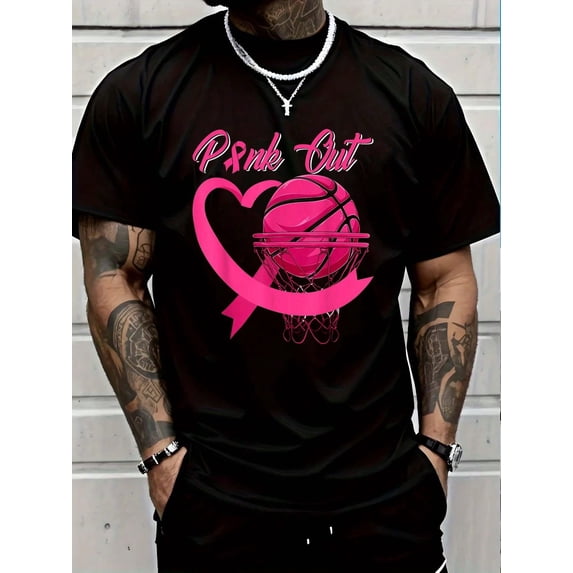 100% Cotton Casual Tshirt Pink Out Breast Cancer Pink Ribbon Heart ...