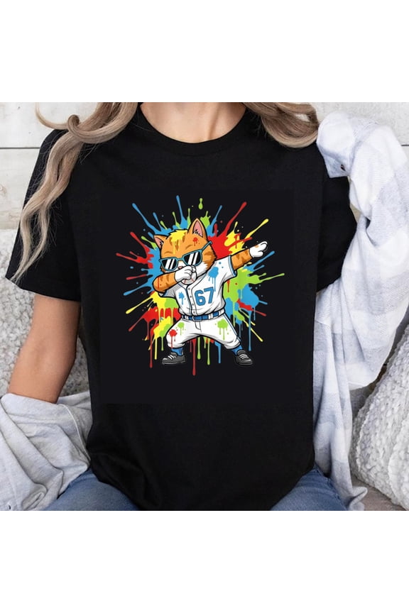 100% Cotton Cat Dabbing Baseball Jersey Paint Splatter T-Shirt