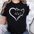 thumbnail image 1 of 100% Cotton Cat Heart Love Design Women's Casual Black T-Shirt, 1 of 5