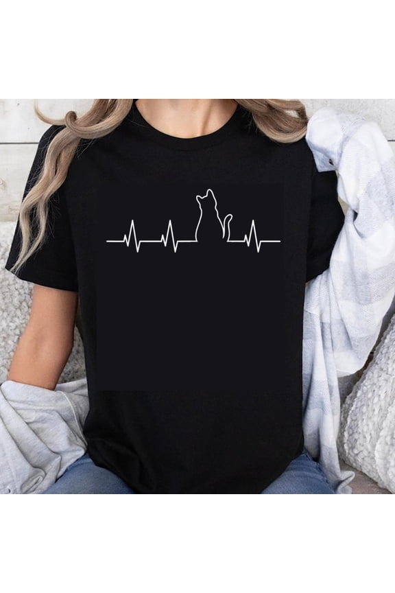 100% Cotton Cat Heartbeat Ecg Design Love Animal Pet Lovers Cute Funny Graphic T-Shirt
