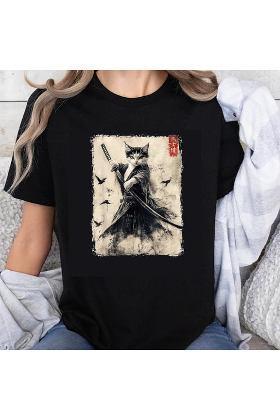 100% Cotton Cat Samurai Warrior With Sword Japanese Style Art Vintage Print T-Shirt