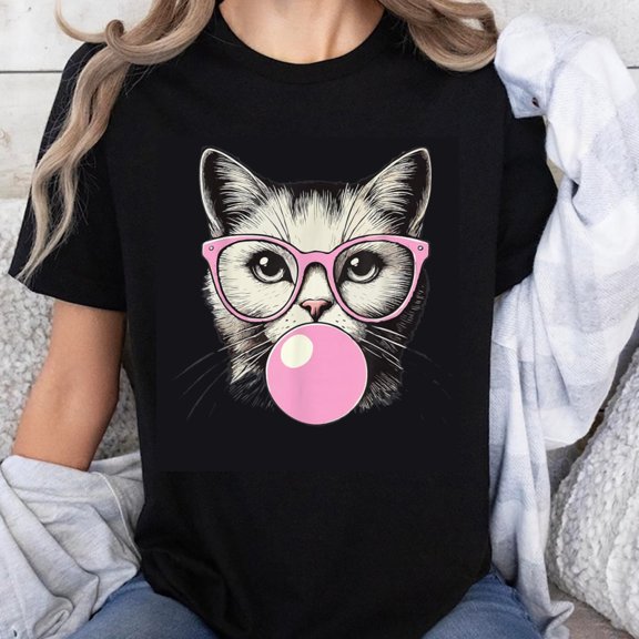 100% Cotton Cat With Pink Glasses Blowing Bubblegum T-Shirt