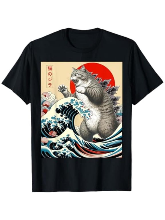 100% Cotton Catzilla Cat Japanese Art Funny Cat Gifts For Men Women Kid T-Shirt Golf Gift T-Shirt For Men and Women