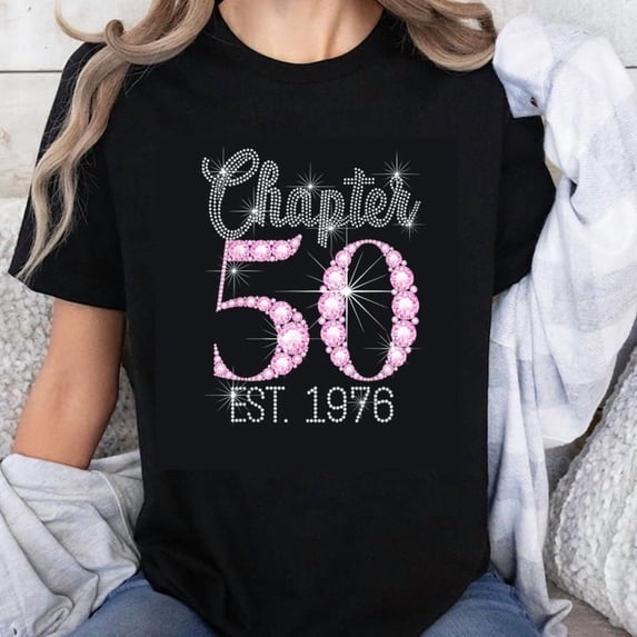 100% Cotton Chapter 50 Est 1976 Birthday Celebration Rhinestone Bling Women's T-Shirt