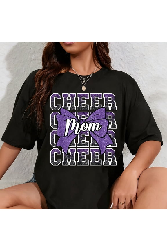 100% Cotton Cheer Mom Mama Bow Sport Cheerleader Cheerleading Purple T-Shirt