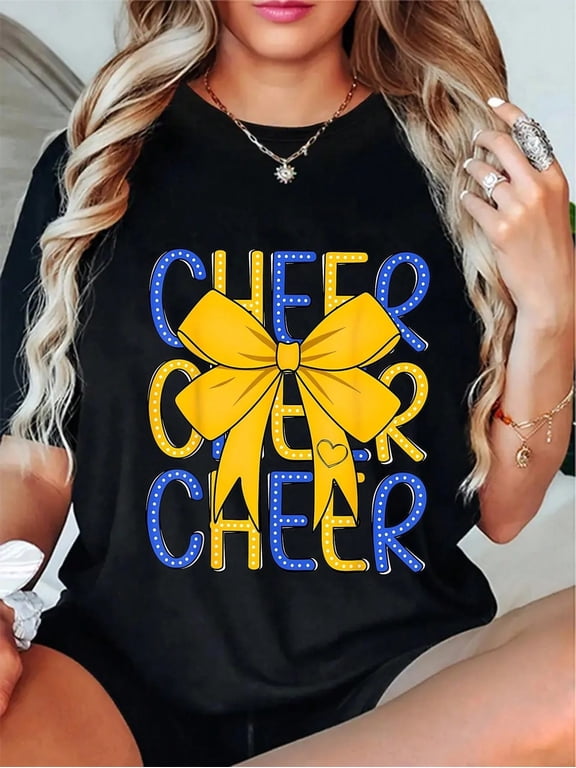 100% Cotton Cheer Mom T-Shirt, Blue Yellow Football Cheer Graphic Tee with Coquette Bow Design for Men and Women, Cheerleading Team Spirit Shirt, Casual Short Sleeve Crewneck Top, Game Day Gift
