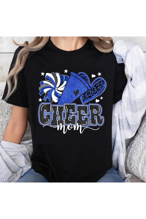 100% Cotton Cheer Mom T-Shirt with Glitter Pom Pom and Megaphone Design for Cheerleading Supporters Women's Casual Top