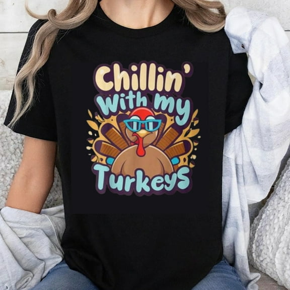 100% Cotton Chillin With My Turkeys Thanksgiving Turkey Shirt Funny Holiday T-Shirt for Women Men Casual Wear