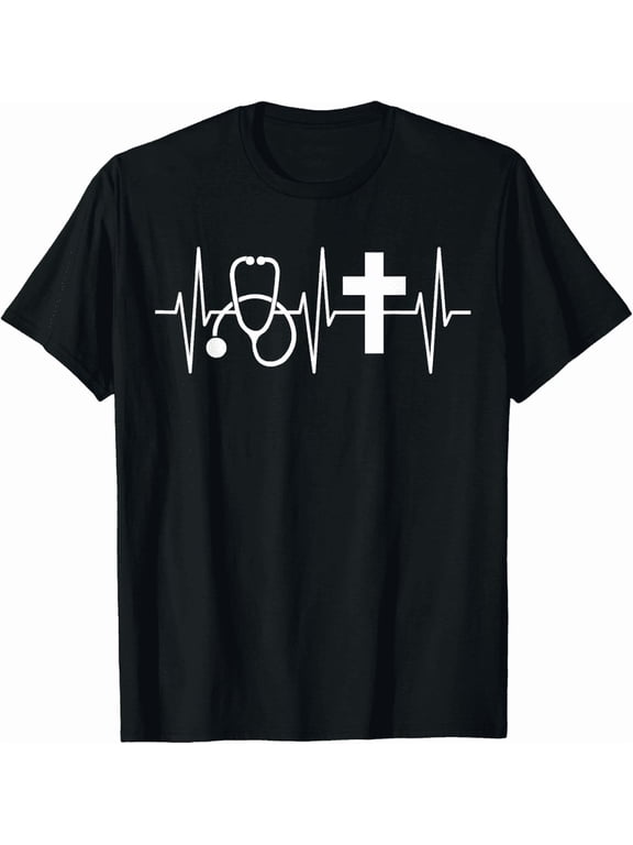 100% Cotton Christian Nurse Shirt Religious Nursing Jesus Heartbeat T-Shirt Golf Gift T-Shirts For Men and Women