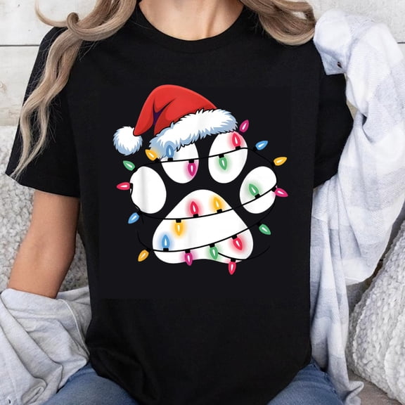100% Cotton Christmas Cat Paw With Santa Hat And Lights Holiday Funny T-Shirt For Women Men Unisex Casual Wear
