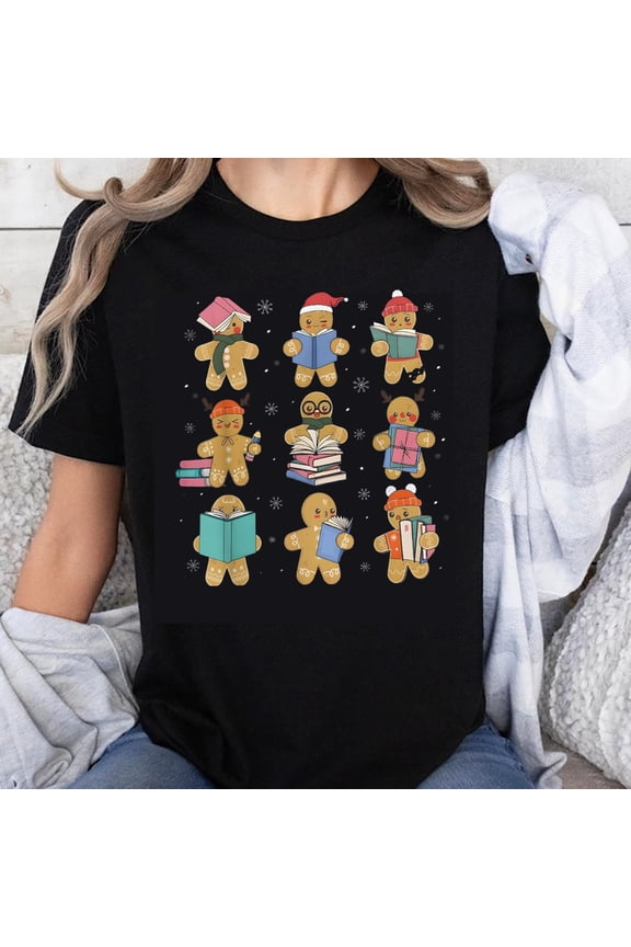 100% Cotton Christmas Gingerbread Cookies Reading Books Holiday Fun Festive Cute Winter Themed T-Shirt for Women and Girls