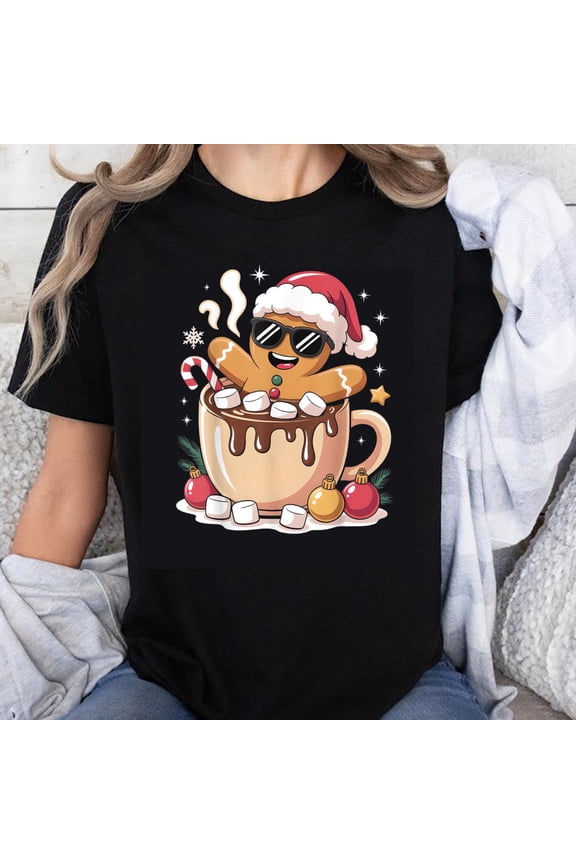 100% Cotton Christmas Gingerbread Man In Hot Chocolate Mug With Marshmallows And Candy Cane Holiday Sweatshirt For Women